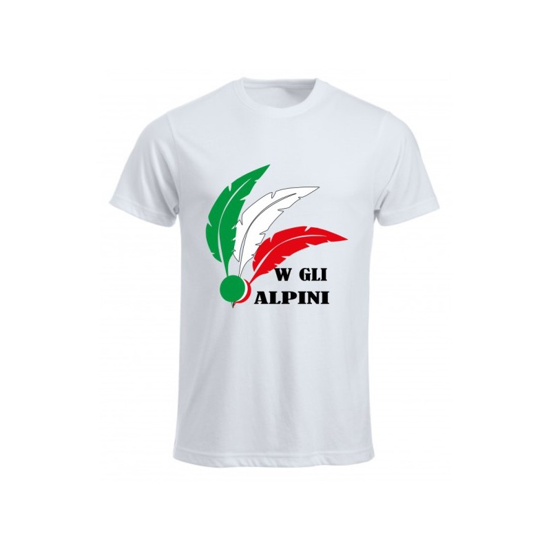 T-shirt bianca con stampa W gli alpini con penne tricolore