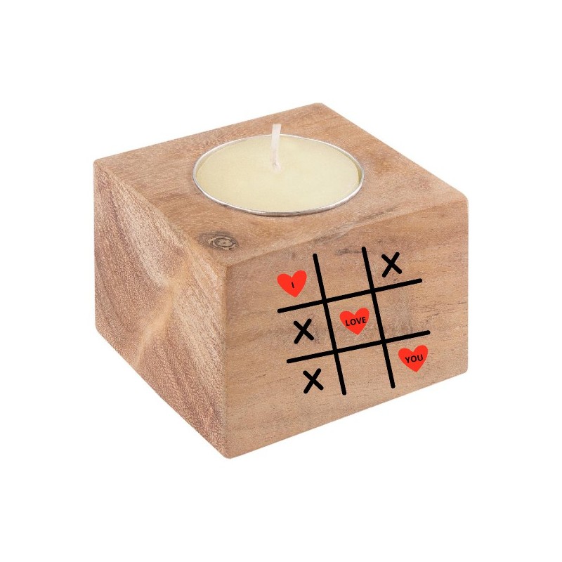 Candela in legno di acacia con stampa tris san valentino