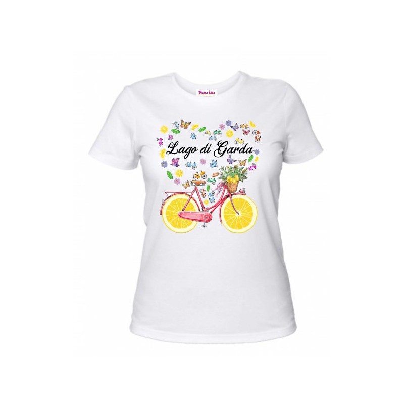 T-SHIRT IN COTONE CON STAMPA LAGO DI GARDA LIMONI BICI BIANCA