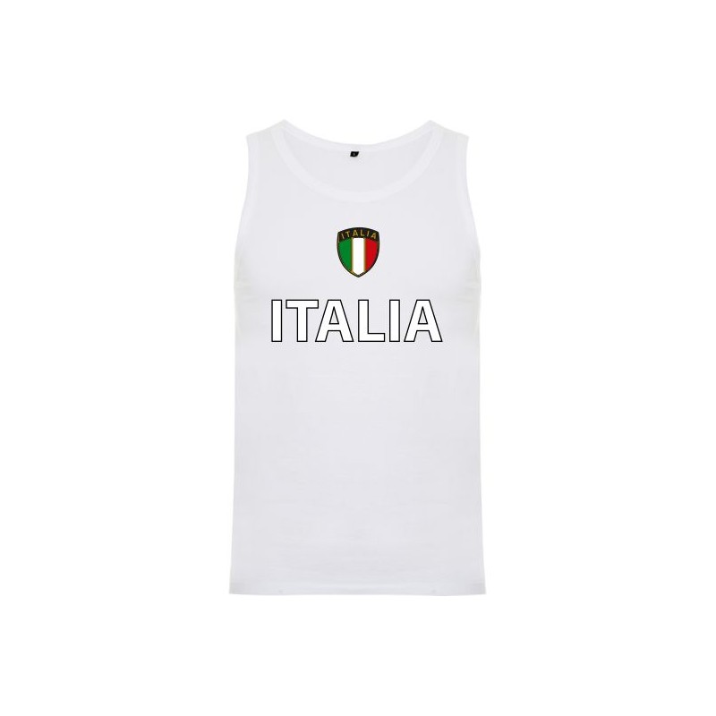 Canotta bianca con stampa Italia scudetto taglio semiaderente, rifinita in singley jersey nello scollo e giromaniche. Cuciture 