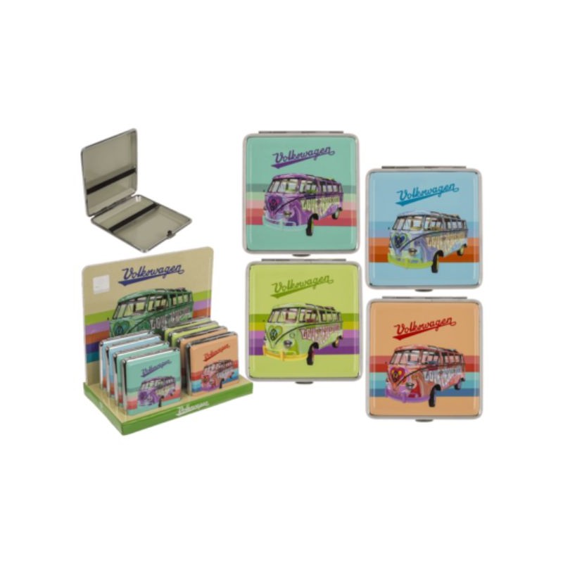 Portasigarette in metallo, VW, 10 x 9,5 cm, 4 colori assortiti, per 20 sigarette, 8 pezzi in espositore