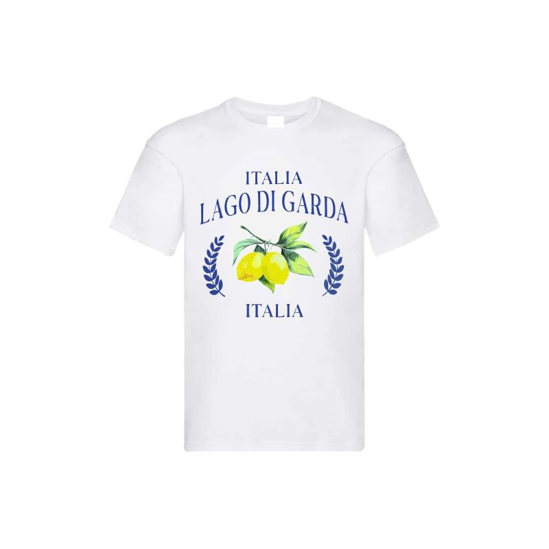 T-SHIRT IN COTONE BIANCA CON STAMPA LIMONI LAGO DI GARDA SCRITTA BLU