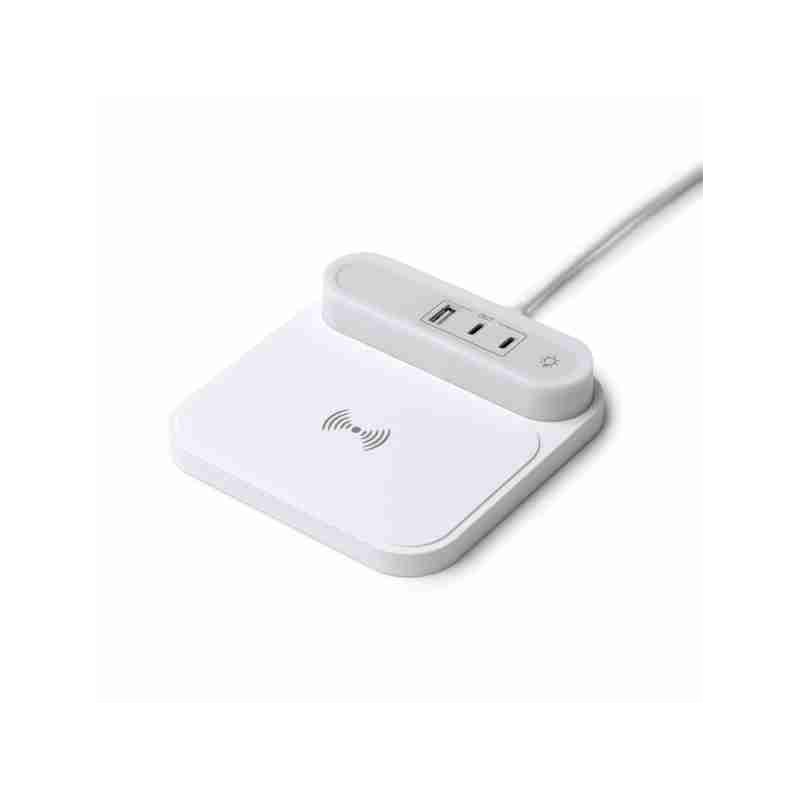 Base di ricarica wireless con luce LED, realizzata in abs riciclato. Carica rapida da 15W. Due uscite type-c e una USB. Cavo ty