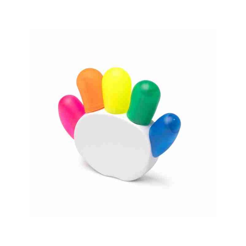 Set evidenziatori con 5 colori, design originale, parte centrale bianca con ampia superficie di stampa.