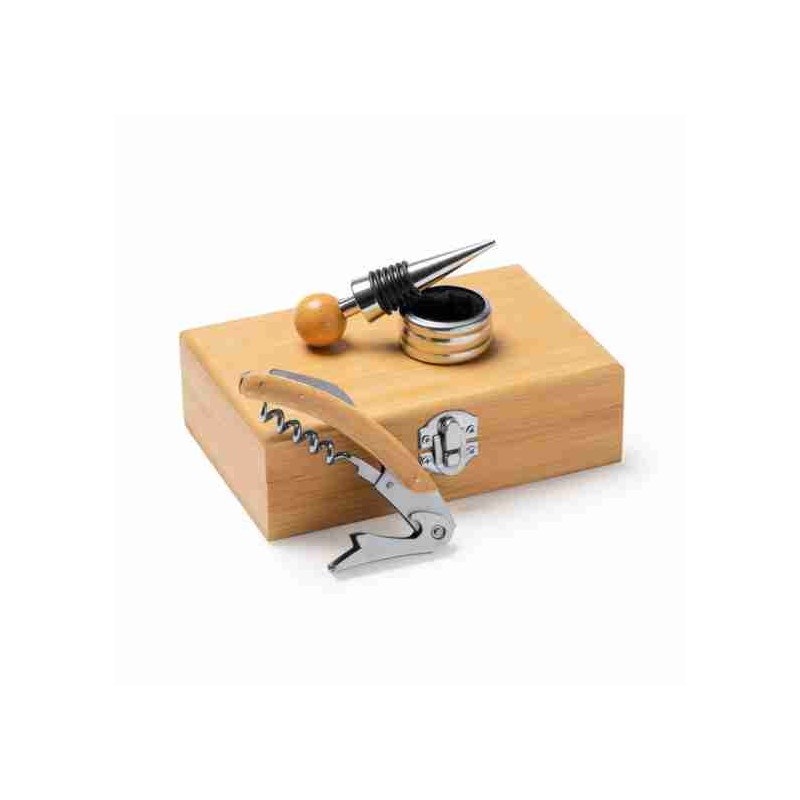 Set vino con accessori in acciaio inox e dettagli in bambù, cavatappi con taglia capsula, tappo e salva goccia. Fornito in conf
