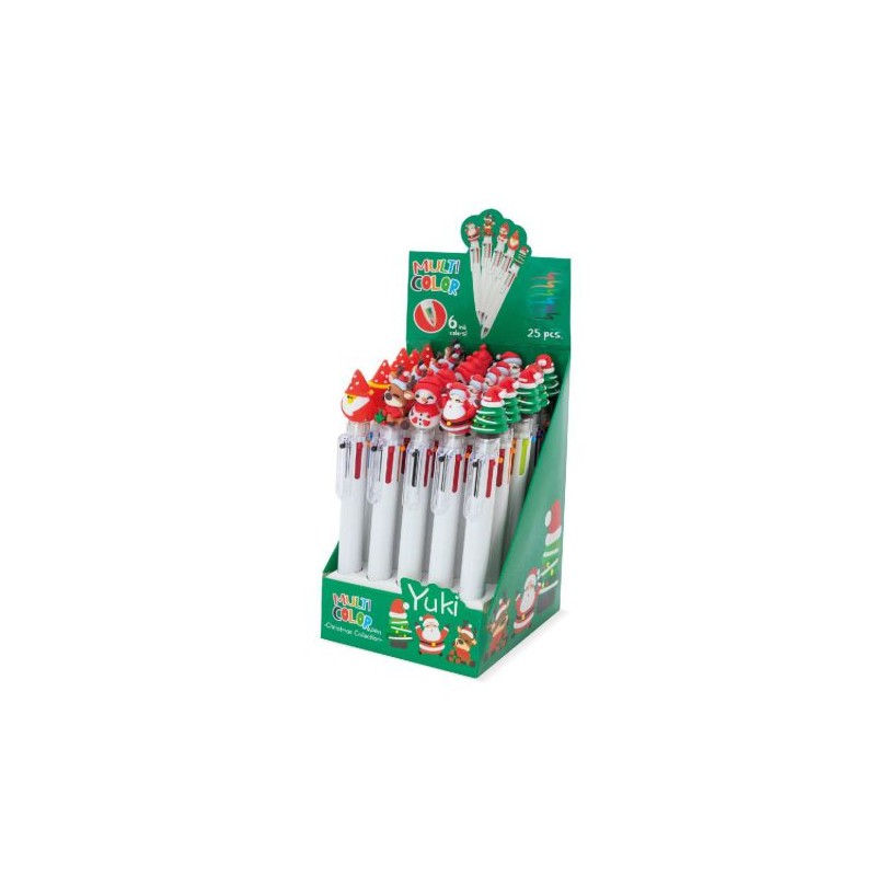 Set composto da 25 pezzi di penne a sfera multicolore con inserto natalizio, con 6 colori di inchiostro: nero, rosso, arancione