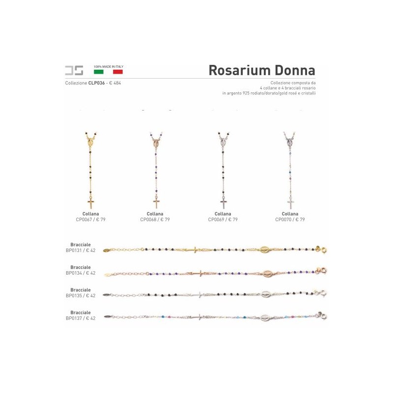Rosarium donna Collezione gioielli in argento rodiato e zirconi composta da4 ciondoli cm 42 e 4 bracciali con scatola e borsete