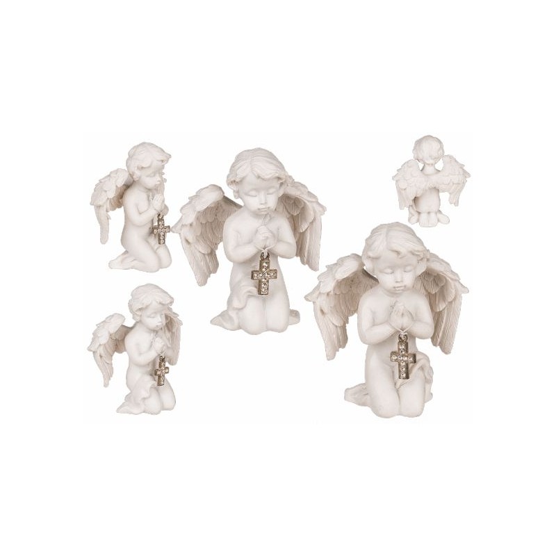 Angelo in poliresina in ginocchio con croce di,argentati, ca. 8 x 6,2 cm, 2 ass.