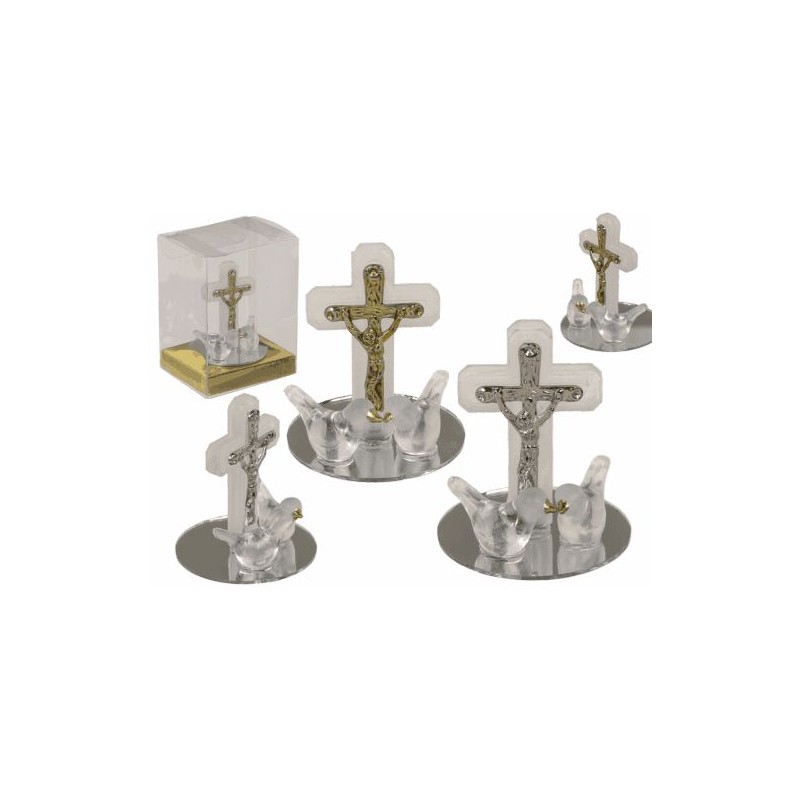 Croce di vetro con colombe, 2 colori assortiti4 x 5 cm, in scatola PET, 12 pezzi per espositore